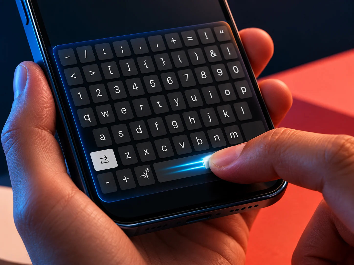 A hand using TypeTab cursor control on an iPhone